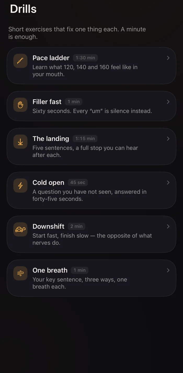 Aloud drills: pace ladder, filler fast, the landing, cold open